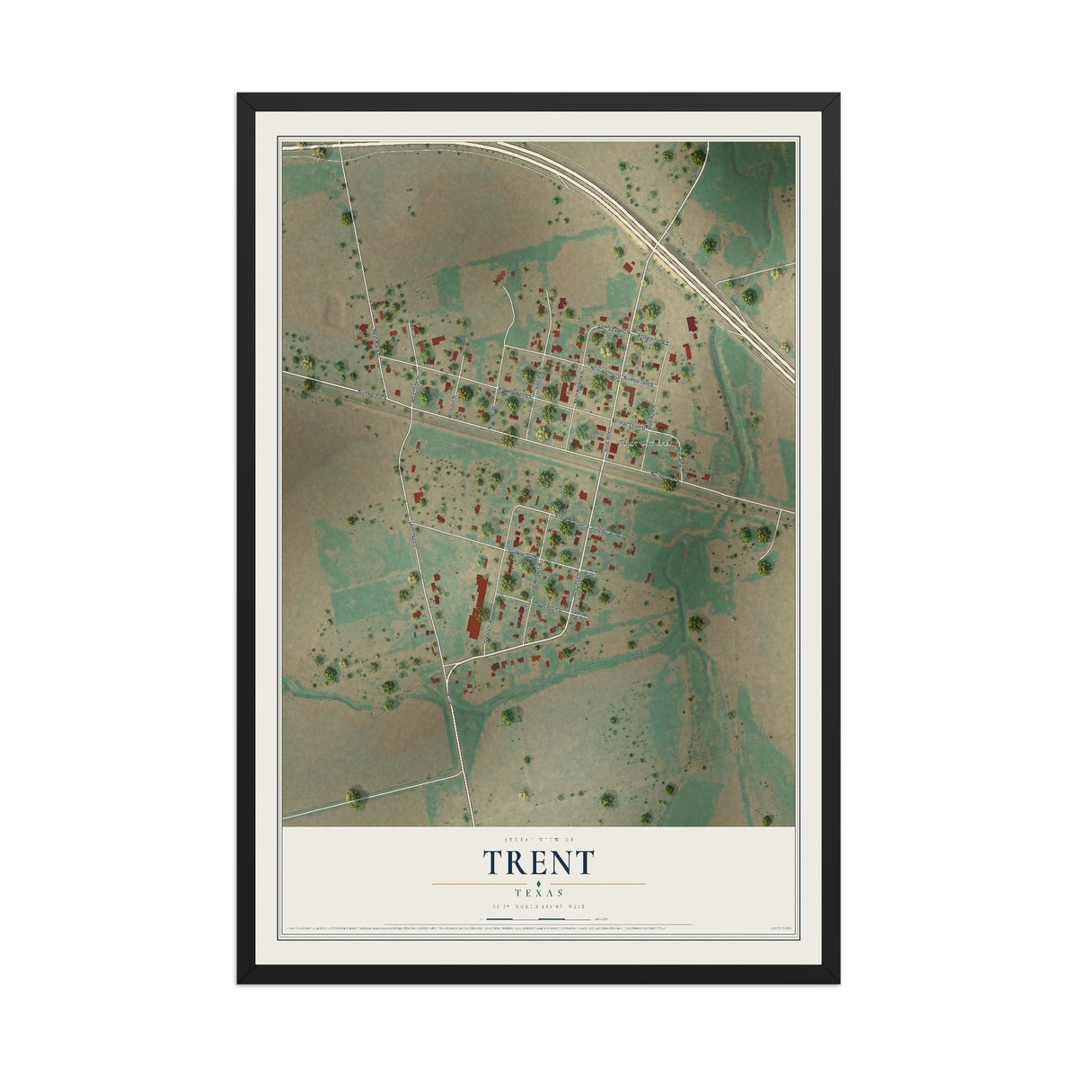 Map of Trent, Texas, 12 x 18 inch print in a black wood frame
