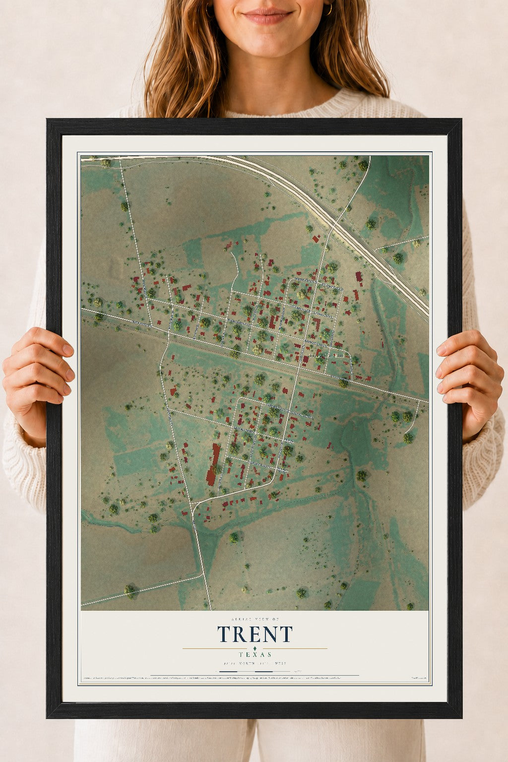 Map of Trent, Texas, 18 x 24 inch print in a black wood frame