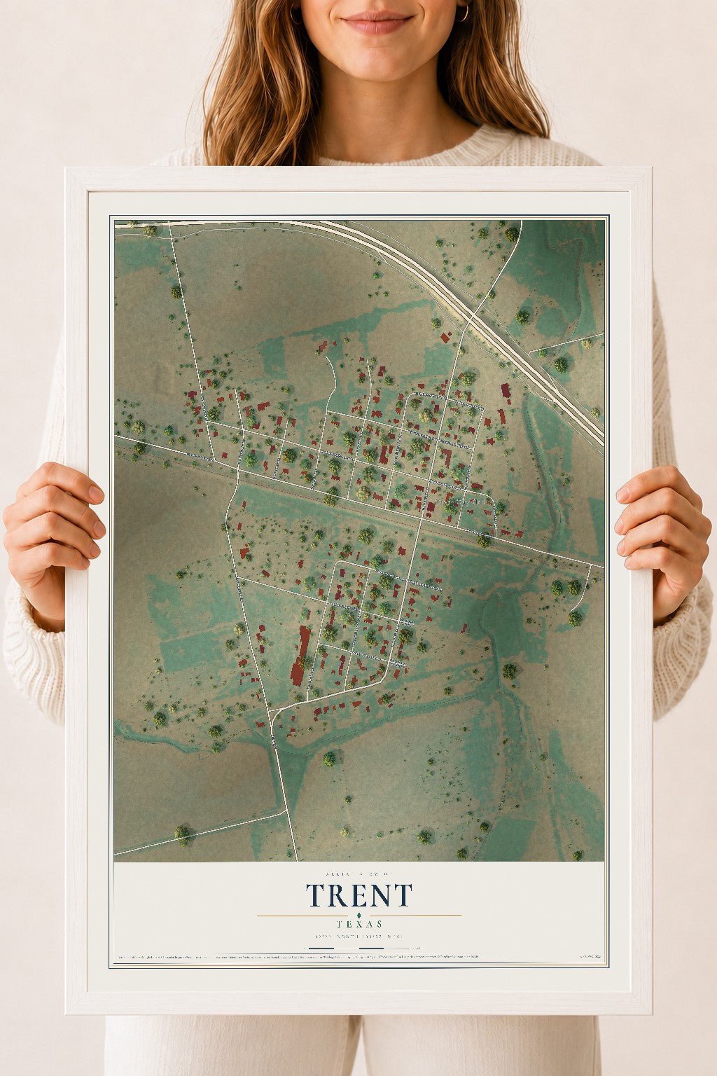 Map of Trent, Texas, 18 x 24 inch print in a white wood frame