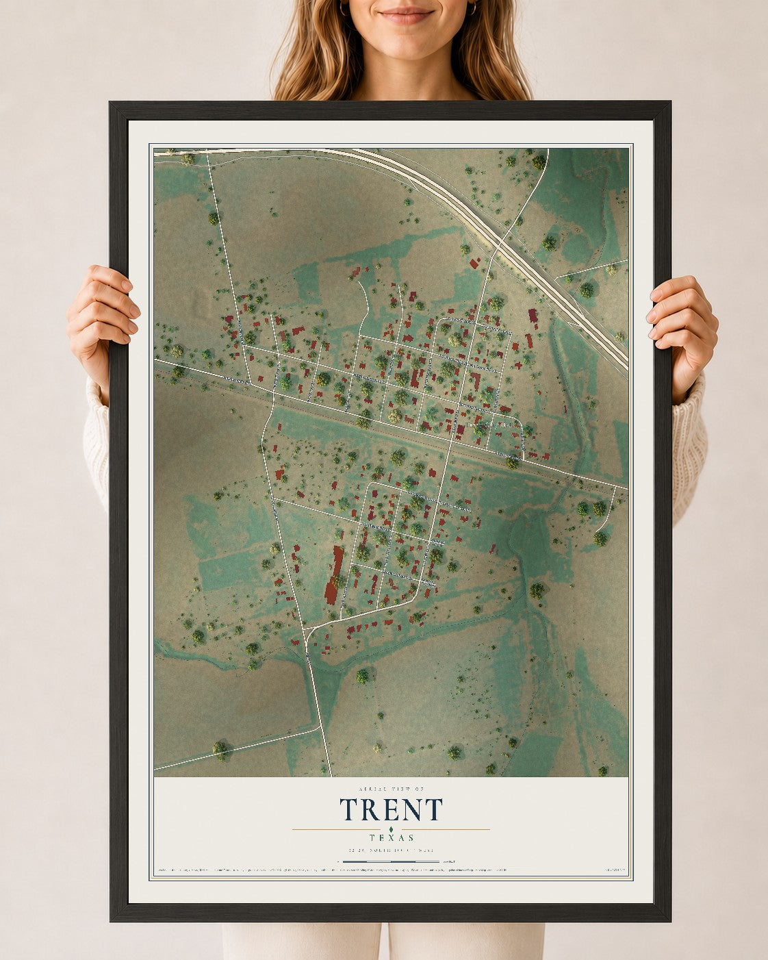 Map of Trent, Texas, 24 x 36 inch print in a black wood frame