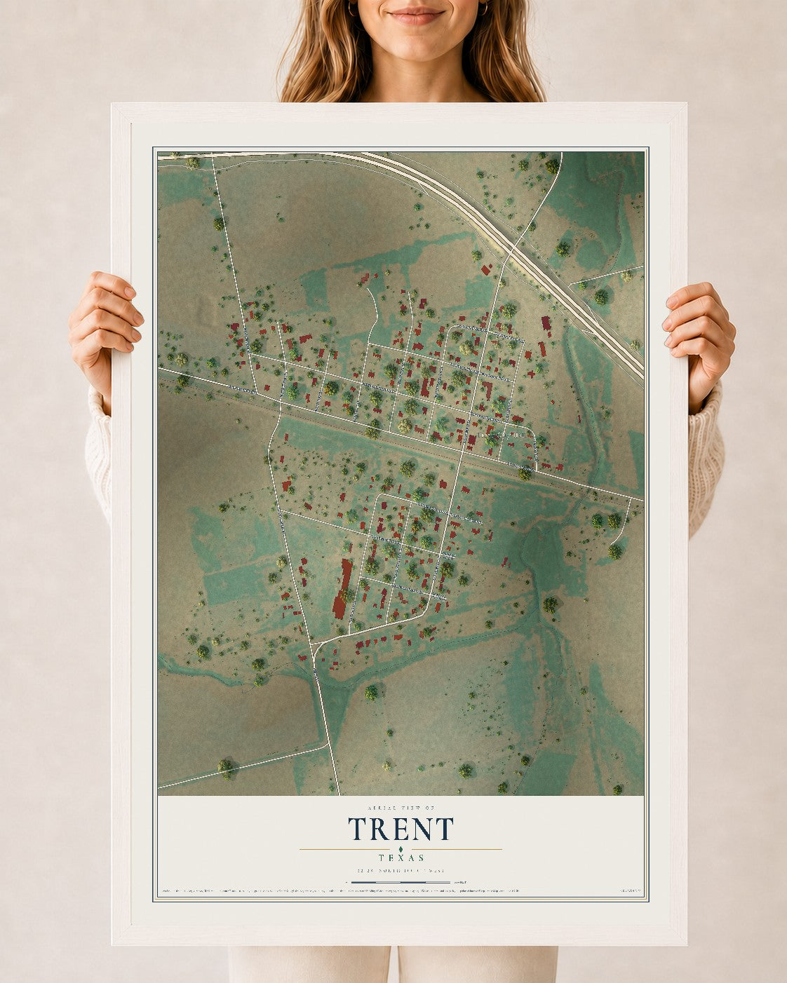 Map of Trent, Texas, 24 x 36 inch print in a white wood frame