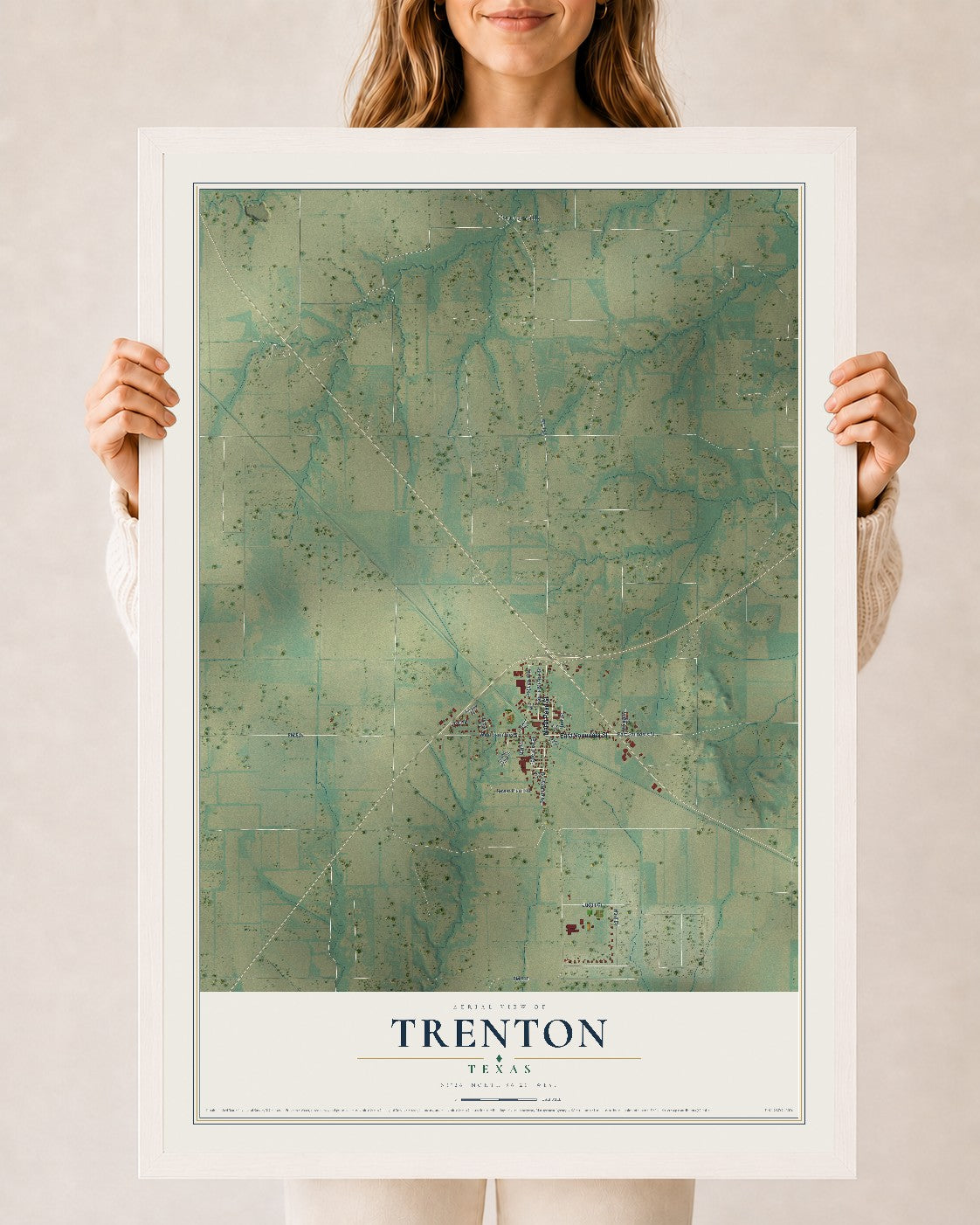 Map of Trenton, Texas, 24 x 36 inch print in a white wood frame