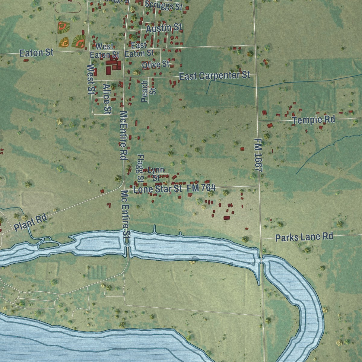 Close-up of the map of Trinidad, Texas print showing street and building detail