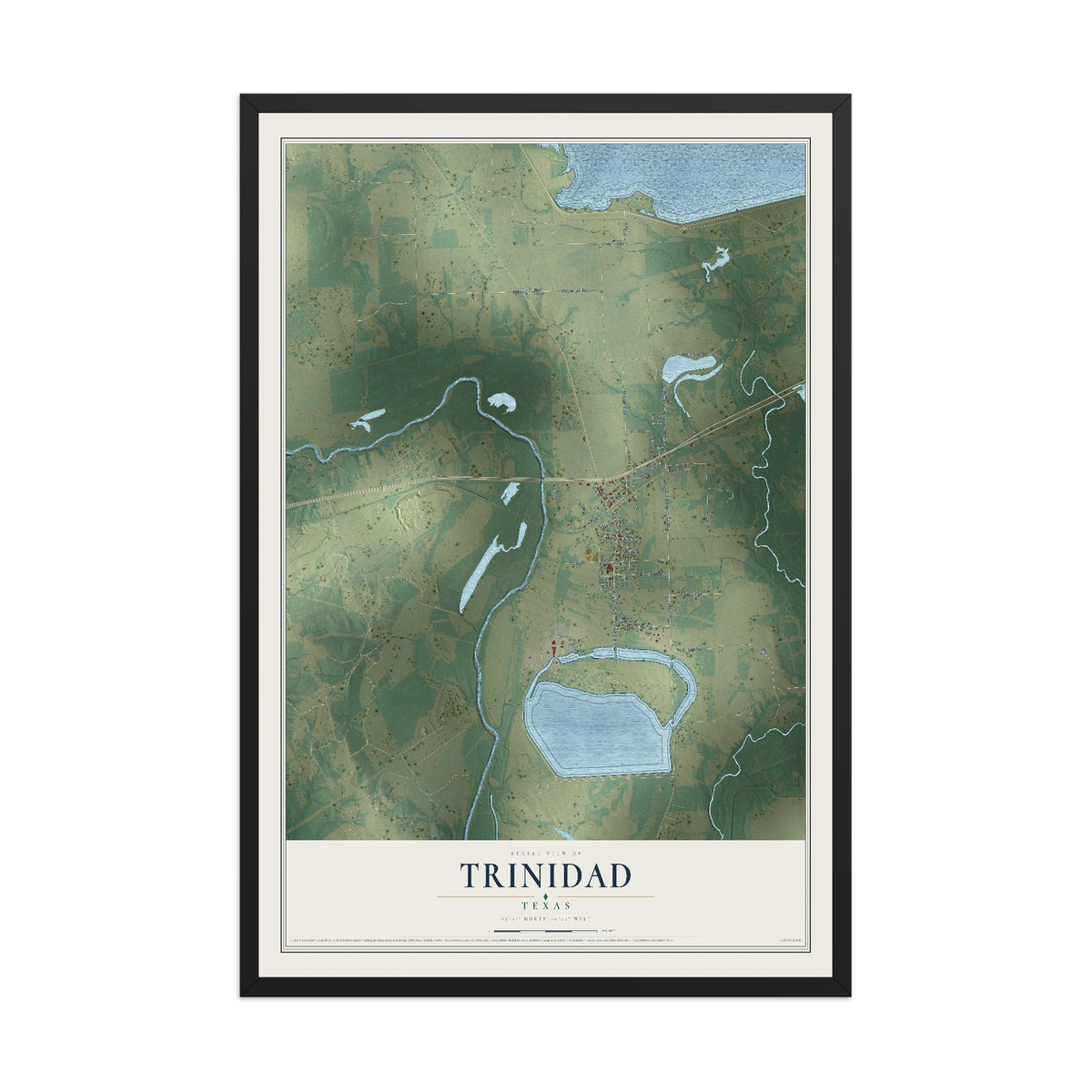 Map of Trinidad, Texas, 12 x 18 inch print in a black wood frame