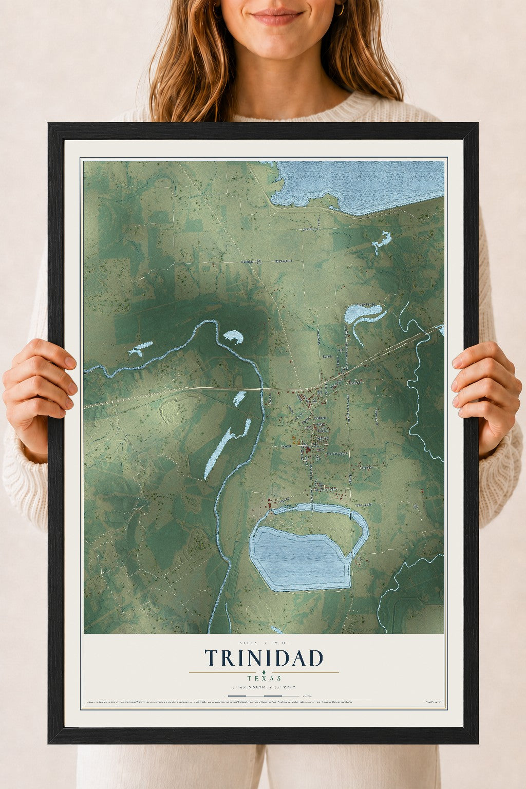 Map of Trinidad, Texas, 18 x 24 inch print in a black wood frame