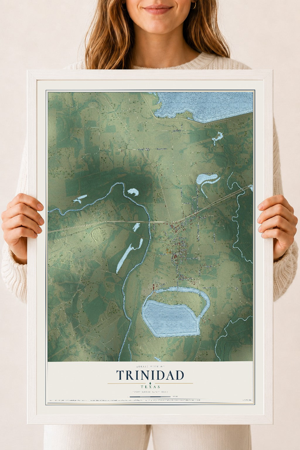 Map of Trinidad, Texas, 18 x 24 inch print in a white wood frame
