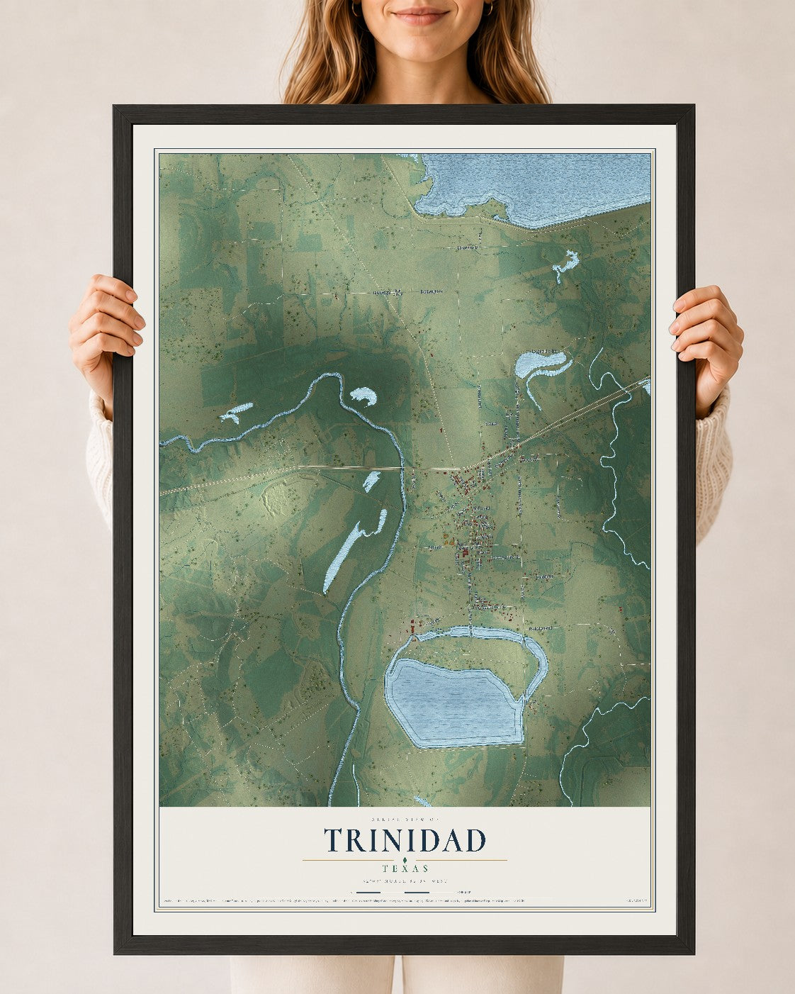 Map of Trinidad, Texas, 24 x 36 inch print in a black wood frame