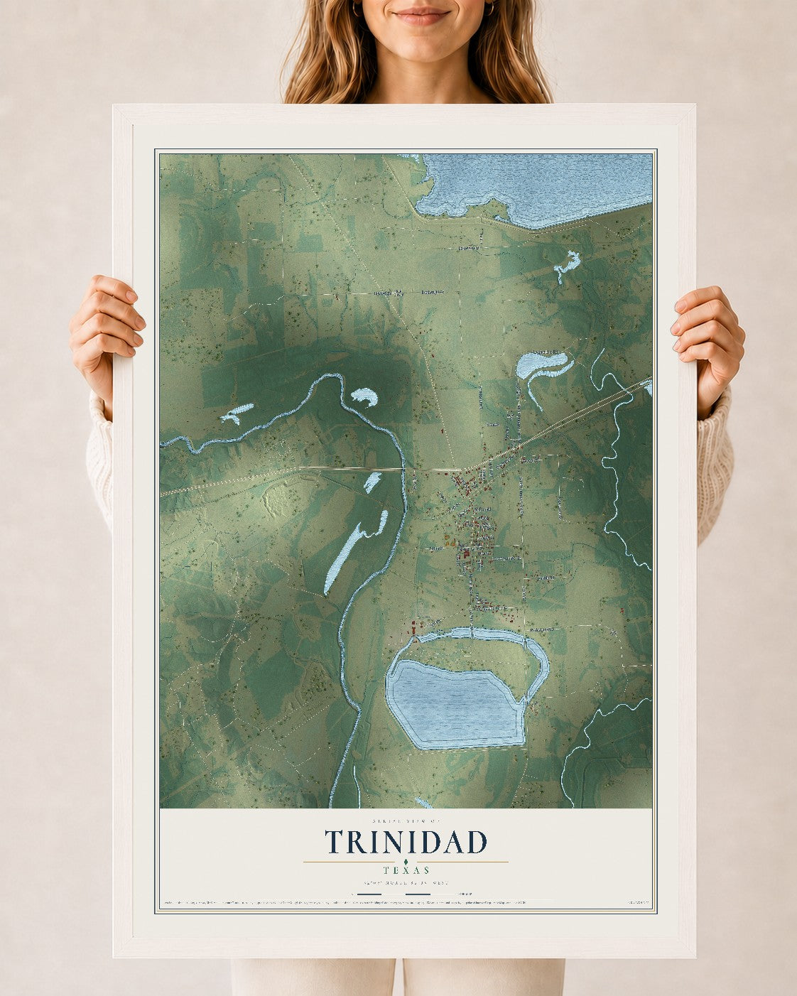 Map of Trinidad, Texas, 24 x 36 inch print in a white wood frame