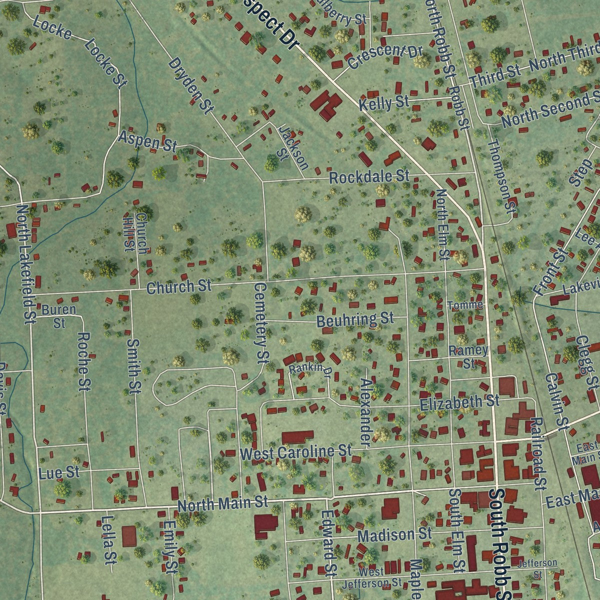 Close-up of the map of Trinity, Texas print showing street and building detail