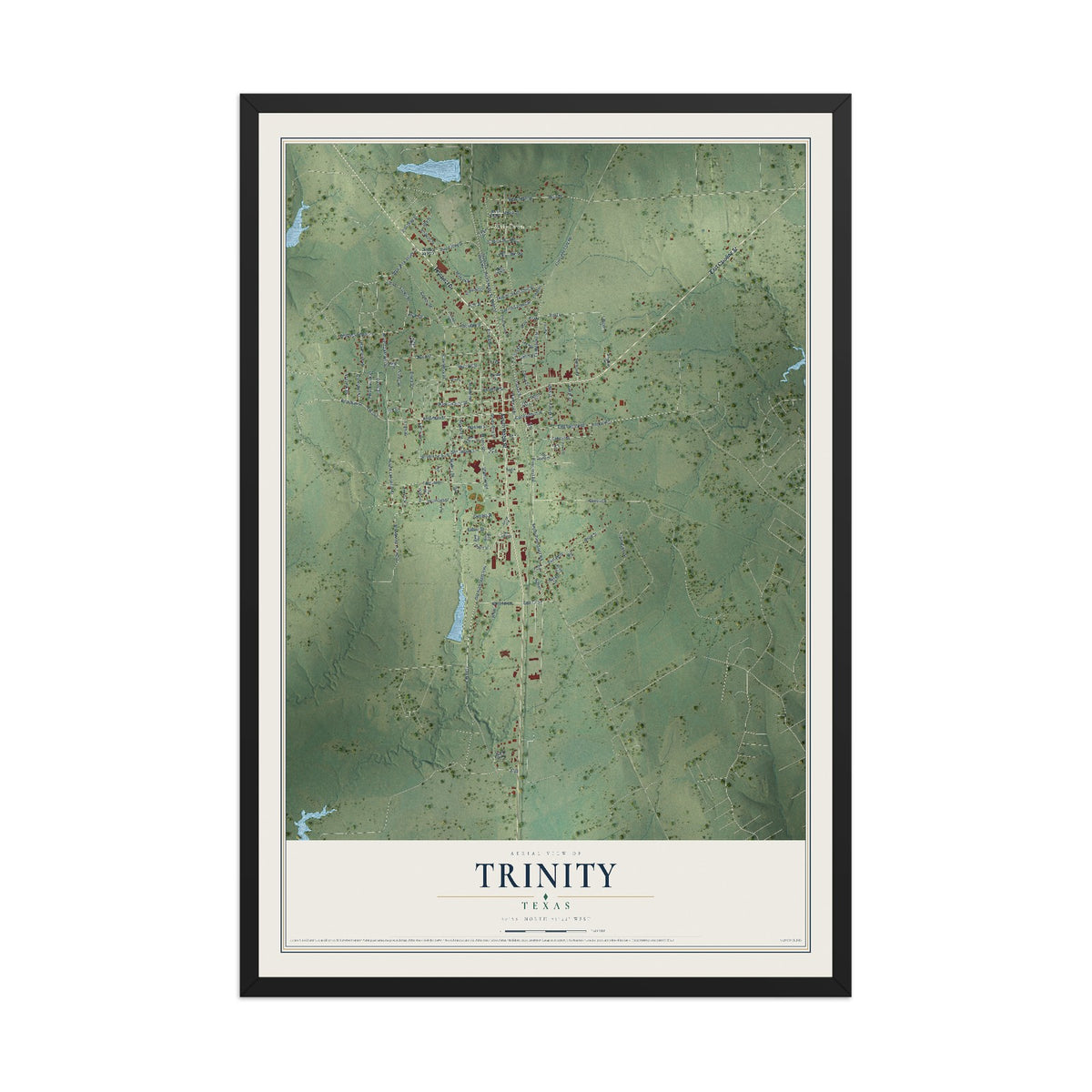 Map of Trinity, Texas, 12 x 18 inch print in a black wood frame
