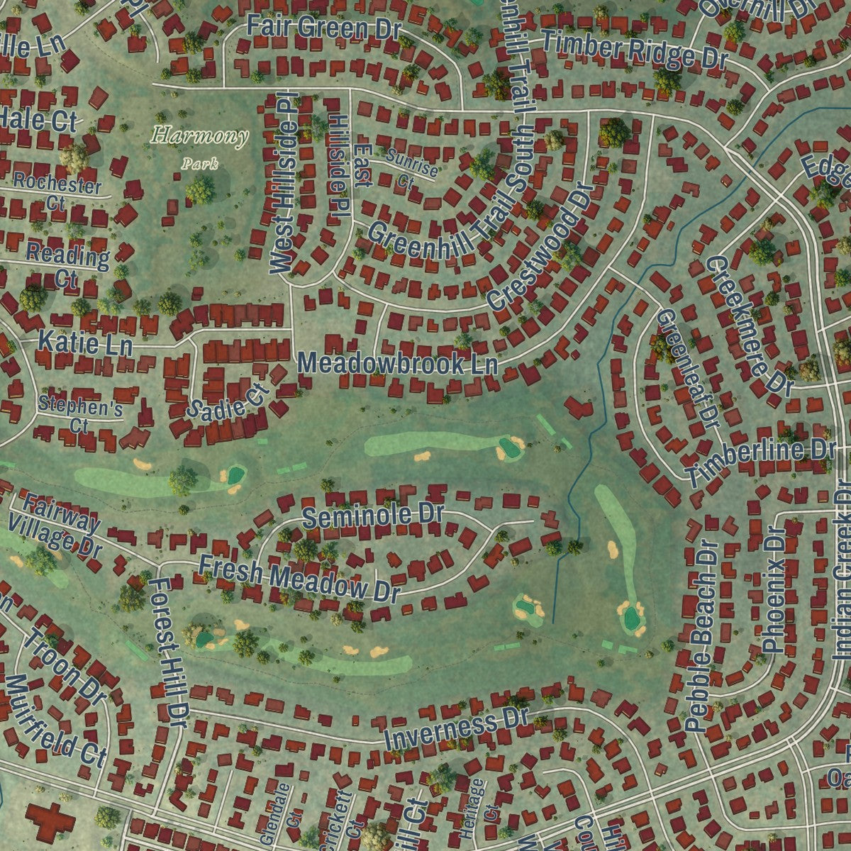 Second close-up of the map of Trophy Club, Texas print showing more streets and buildings