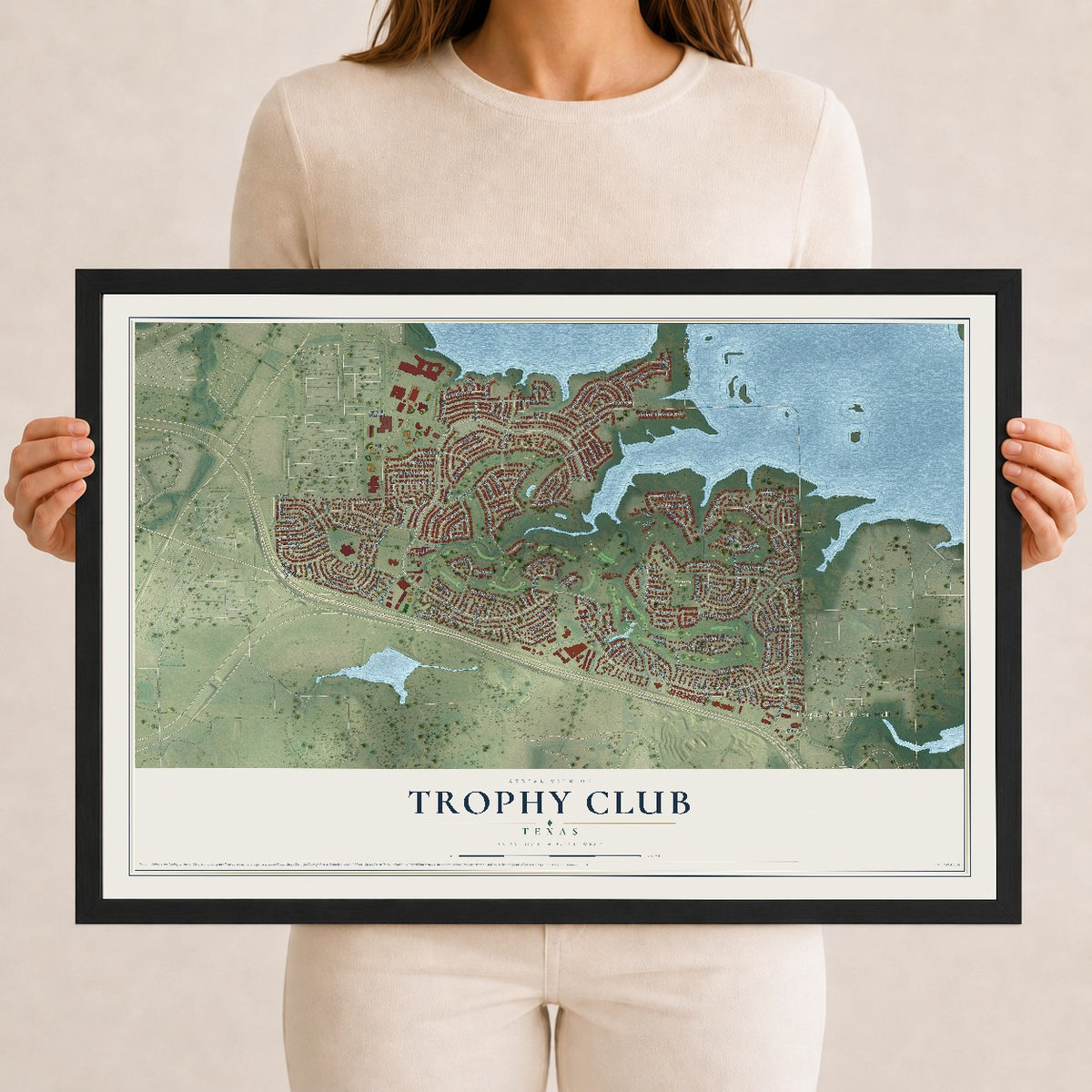 Map of Trophy Club, Texas, 12 x 18 inch print in a black wood frame