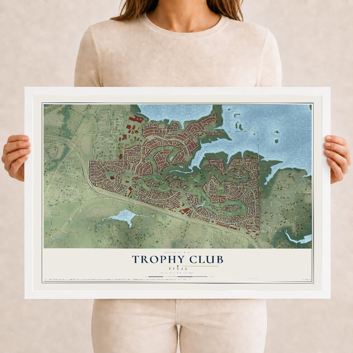 Map of Trophy Club, Texas, 12 x 18 inch print in a white wood frame