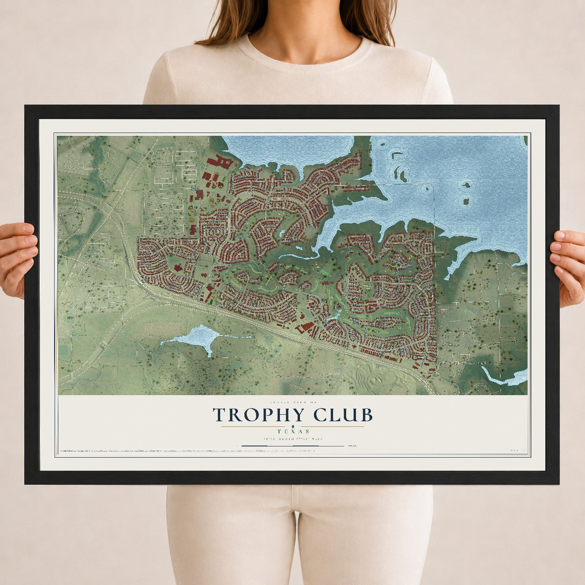 Map of Trophy Club, Texas, 18 x 24 inch print in a black wood frame