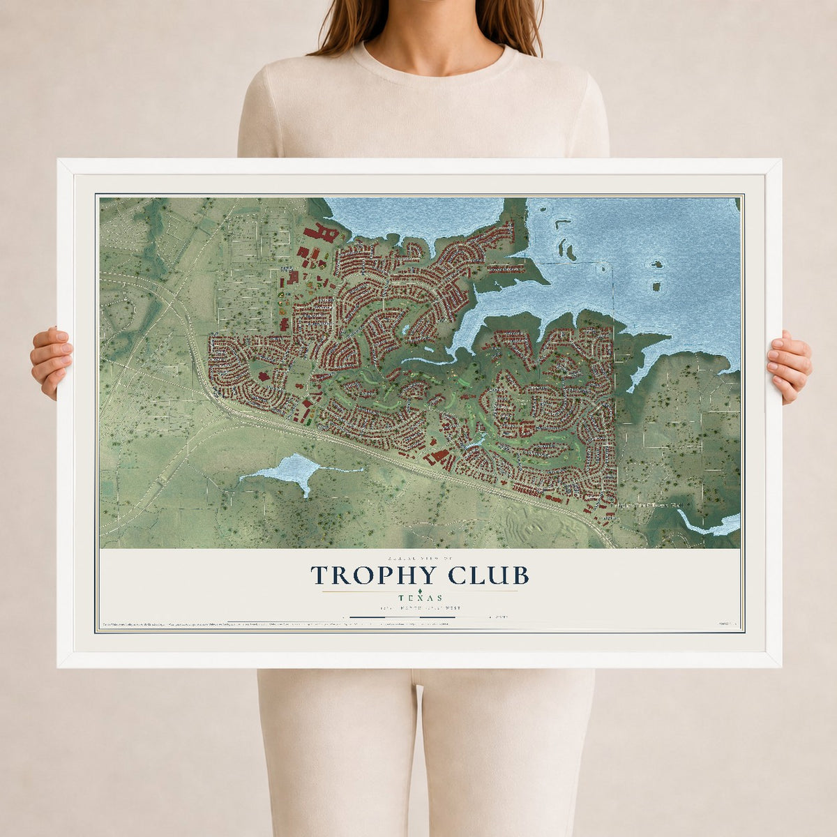 Map of Trophy Club, Texas, 24 x 36 inch print in a white wood frame