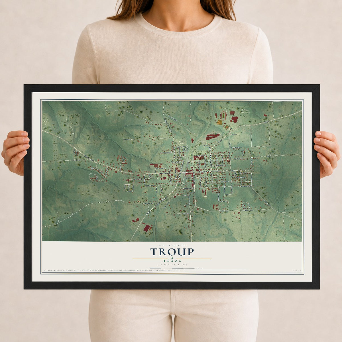Map of Troup, Texas, 12 x 18 inch print in a black wood frame