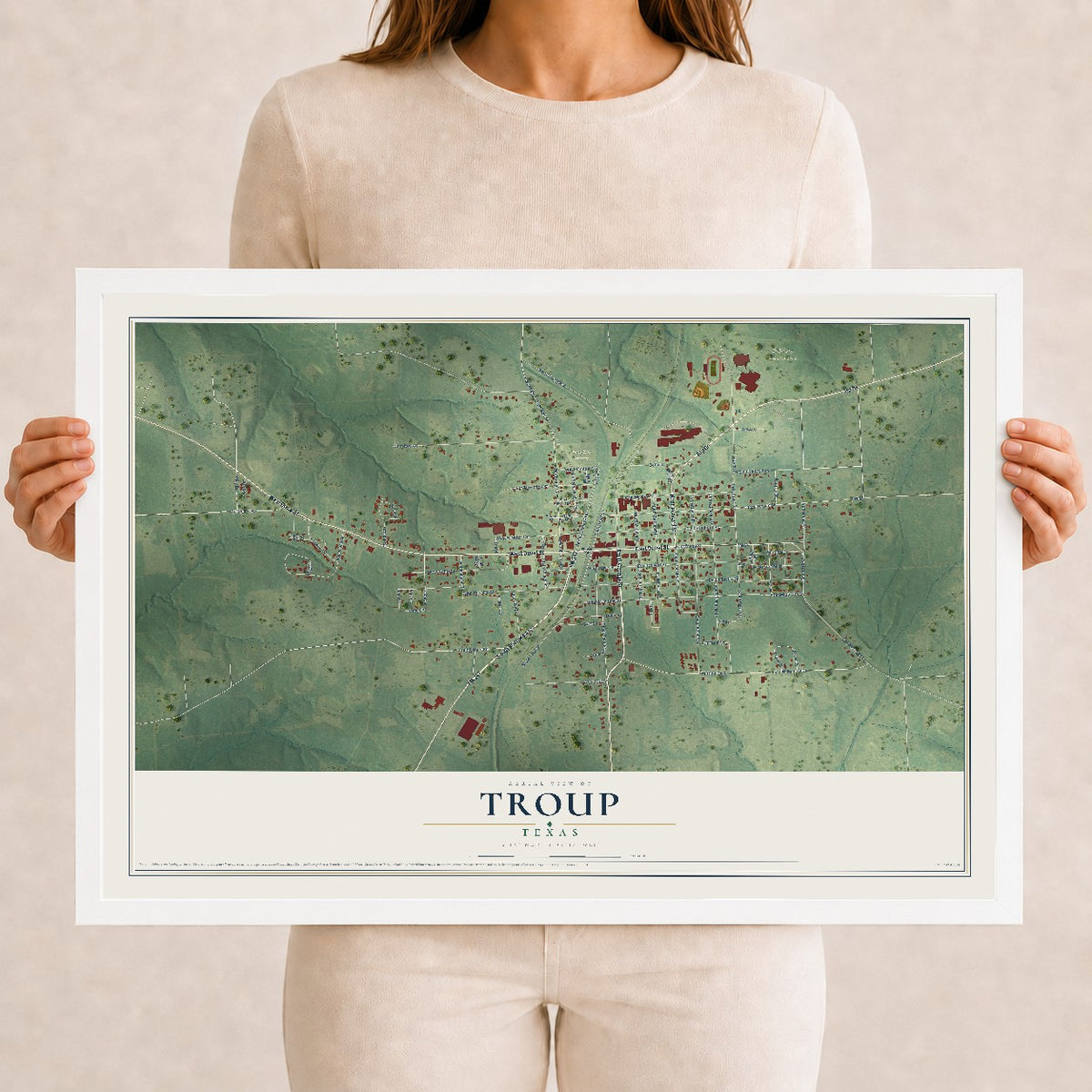 Map of Troup, Texas, 12 x 18 inch print in a white wood frame