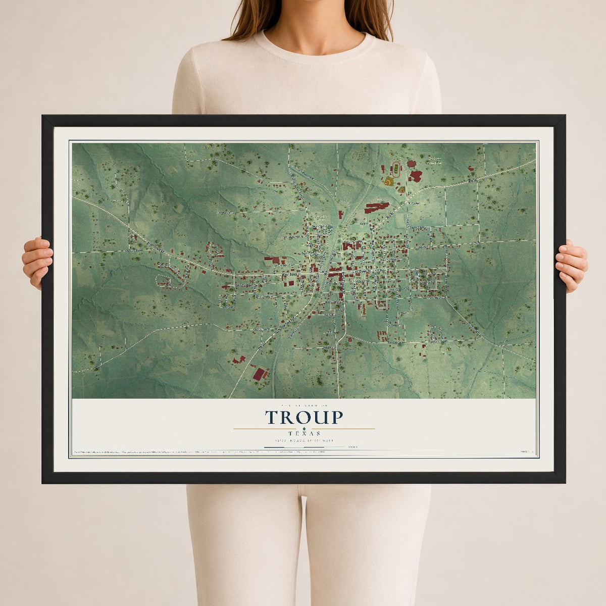 Map of Troup, Texas, 24 x 36 inch print in a black wood frame