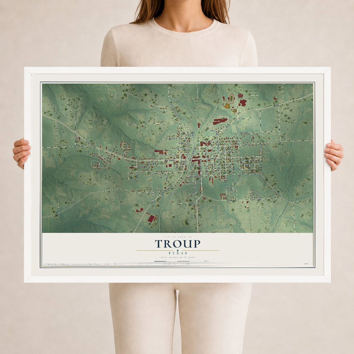Map of Troup, Texas, 24 x 36 inch print in a white wood frame