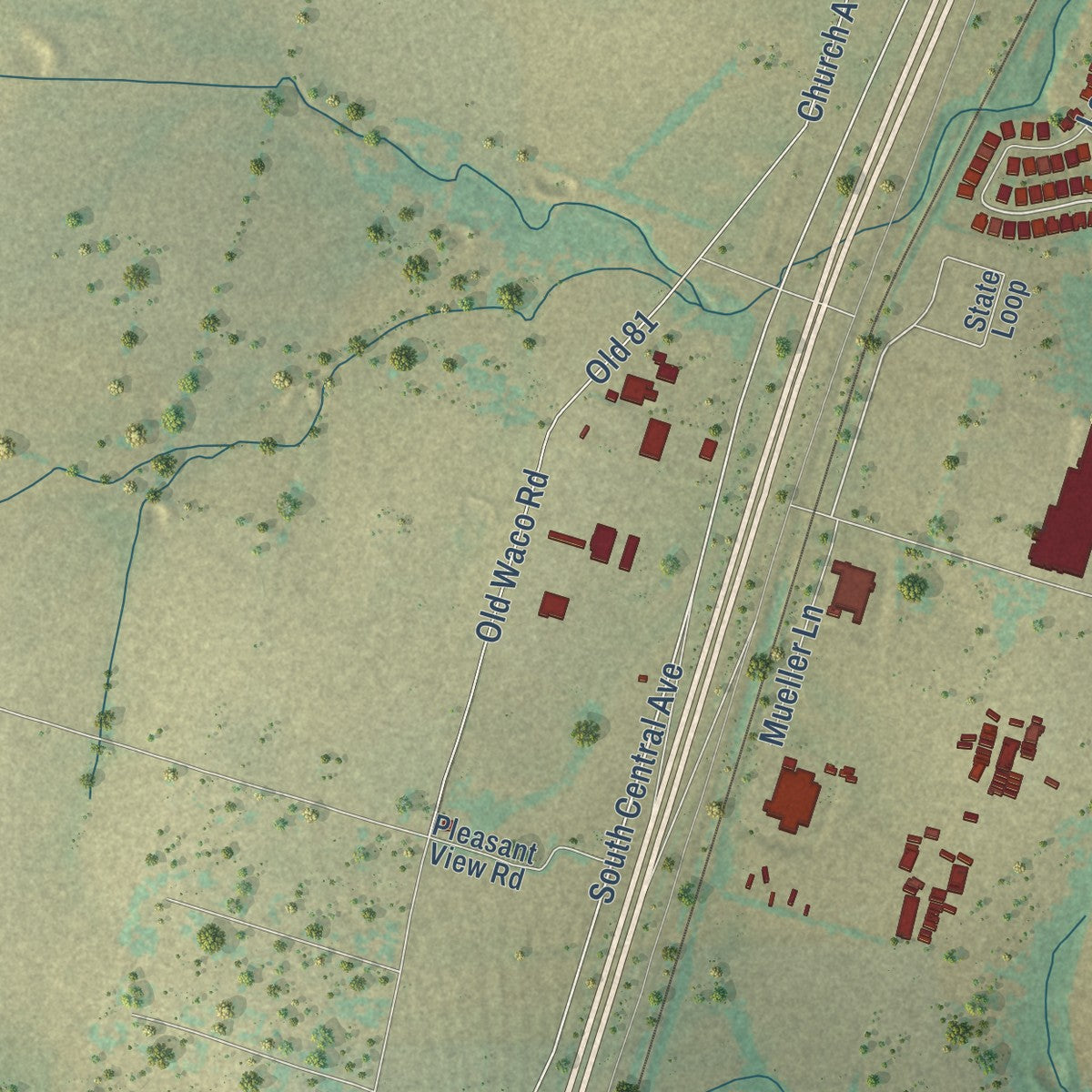 Second close-up of the map of Troy, Texas print showing more streets and buildings