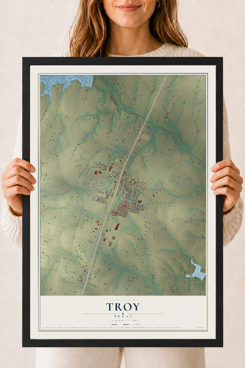 Map of Troy, Texas, 18 x 24 inch print in a black wood frame