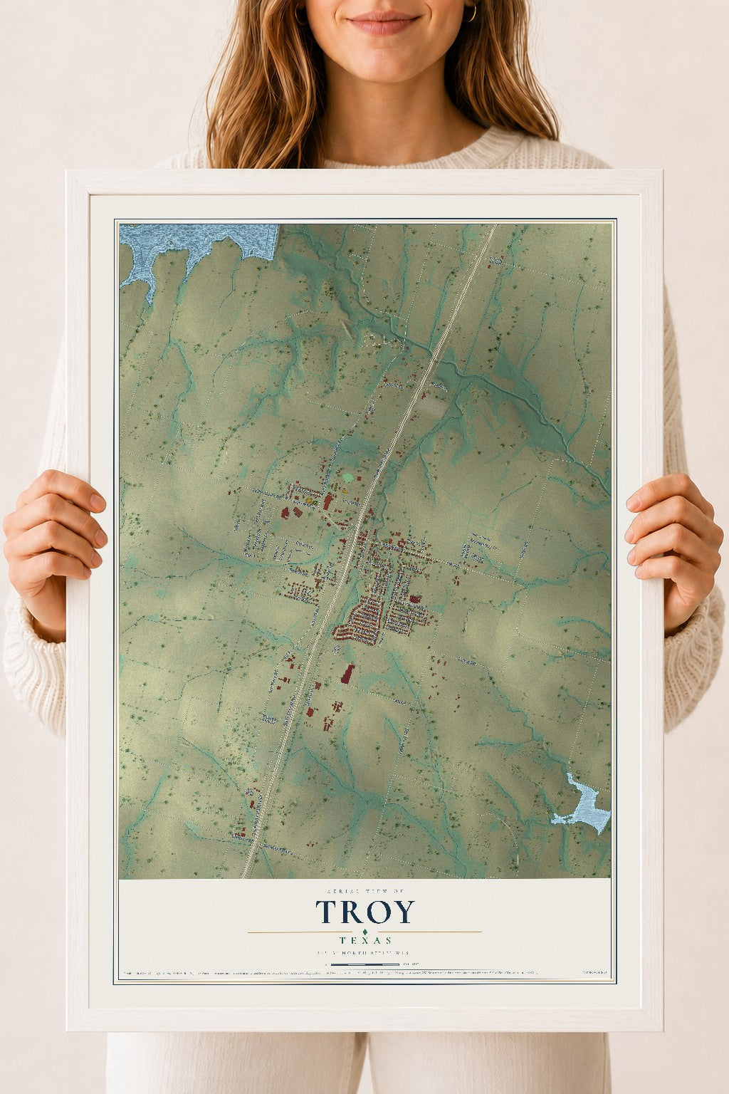 Map of Troy, Texas, 18 x 24 inch print in a white wood frame