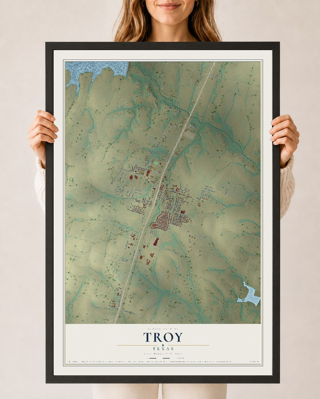 Map of Troy, Texas, 24 x 36 inch print in a black wood frame