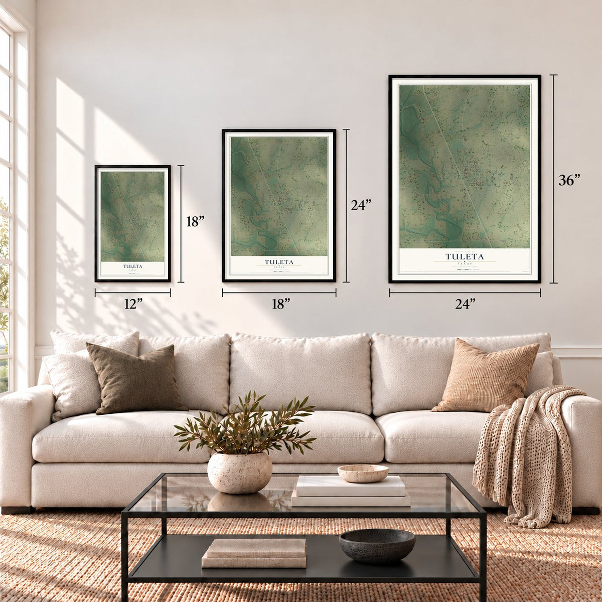 Tuleta, Texas map in 12 x 18, 18 x 24 and 24 x 36 inch sizes above a sofa