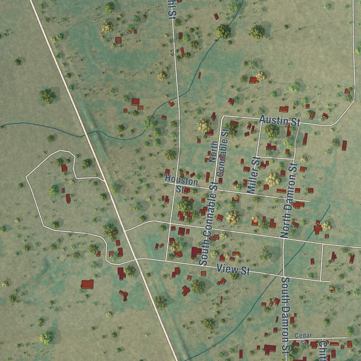 Close-up of the map of Tuleta, Texas print showing street and building detail