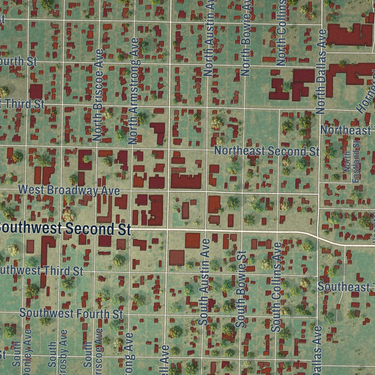 Close-up of the map of Tulia, Texas print showing street and building detail