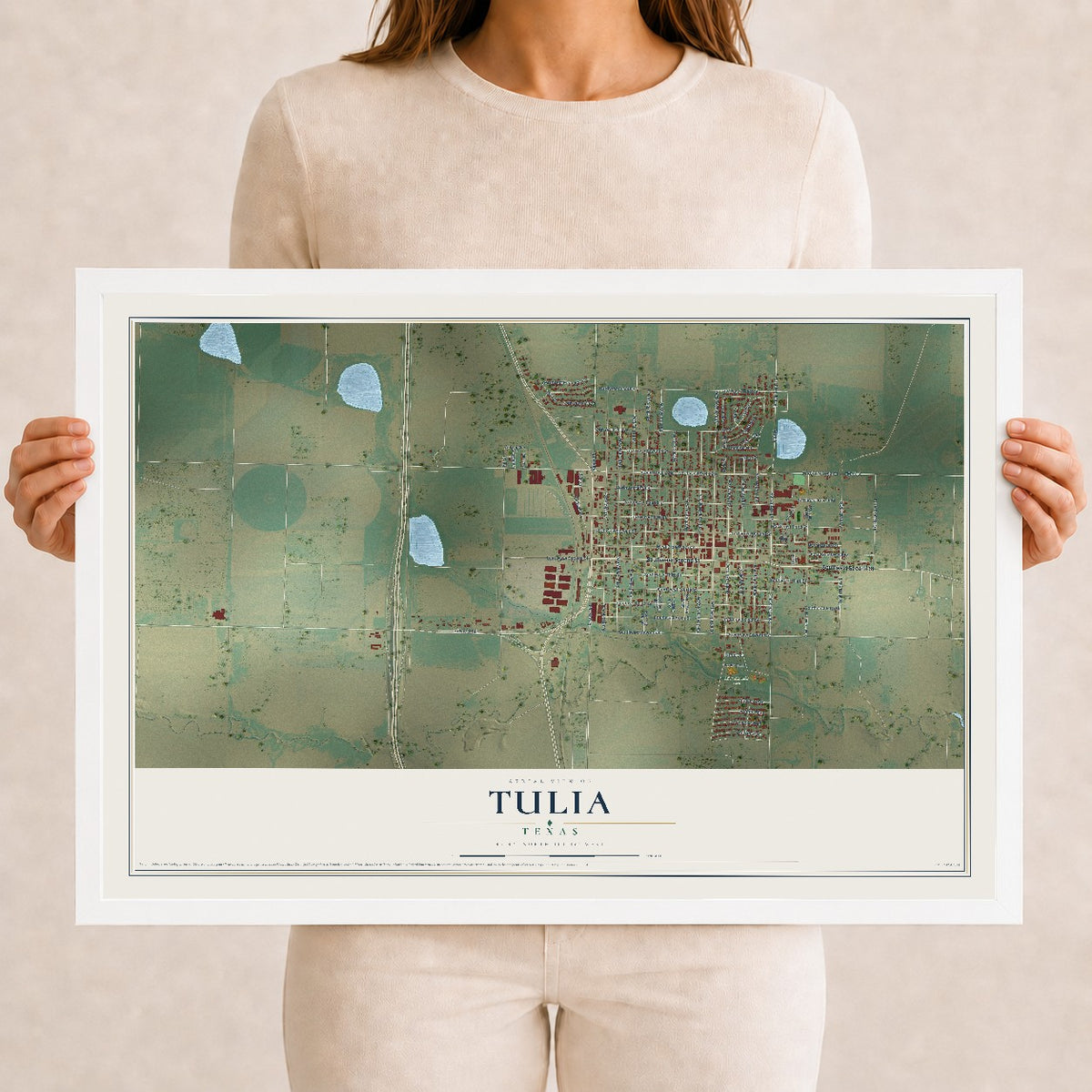 Map of Tulia, Texas, 12 x 18 inch print in a white wood frame