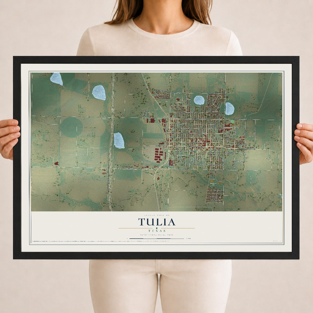 Map of Tulia, Texas, 18 x 24 inch print in a black wood frame