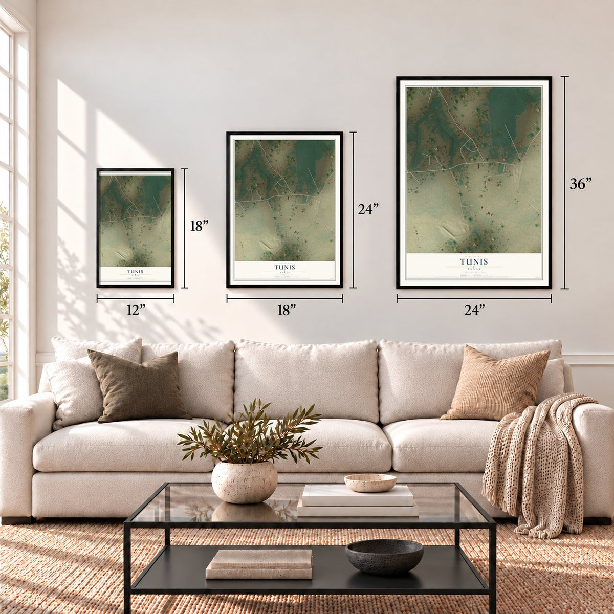 Tunis, Texas map in 12 x 18, 18 x 24 and 24 x 36 inch sizes above a sofa