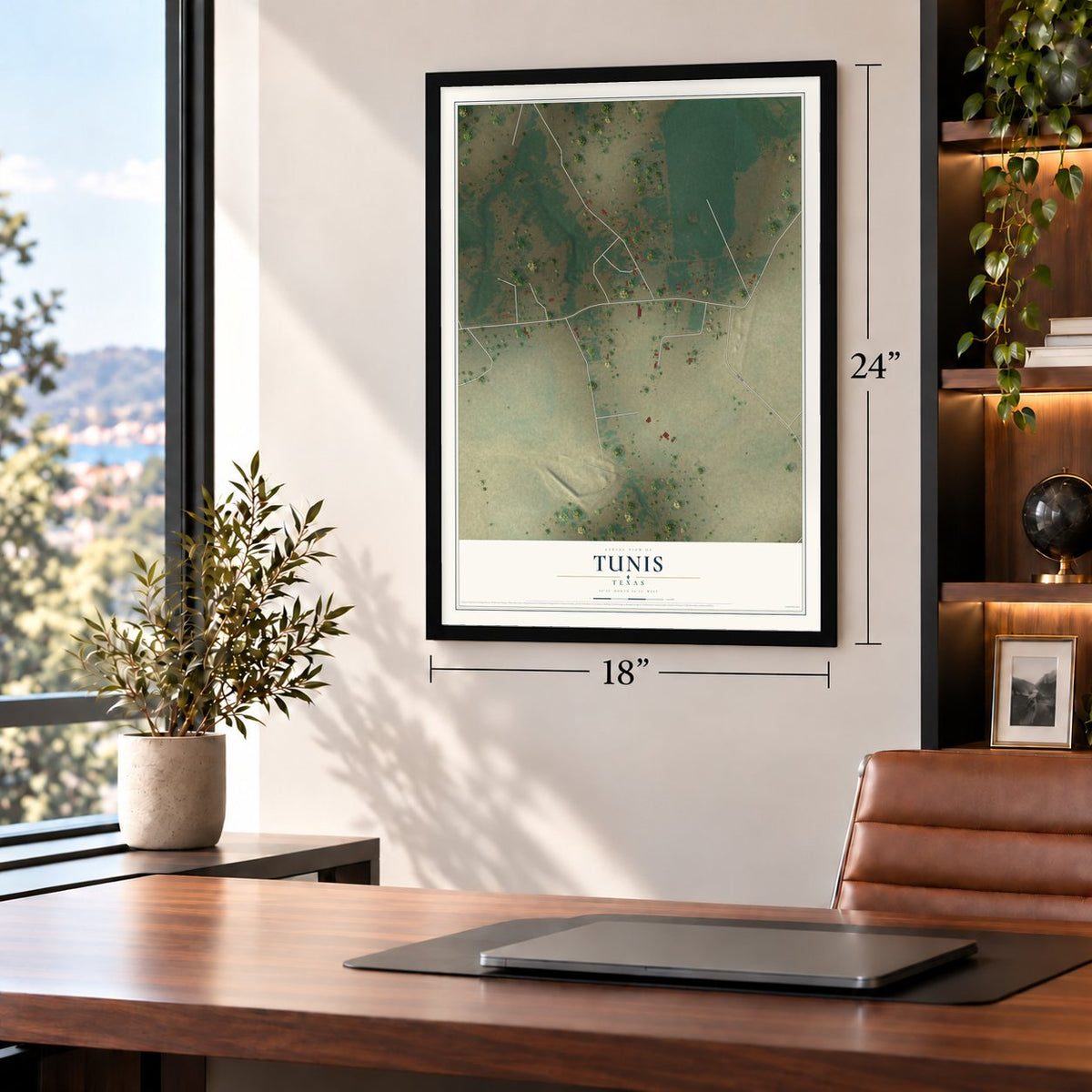 Tunis, Texas map, 18 x 24 inch print in a black frame in a home office