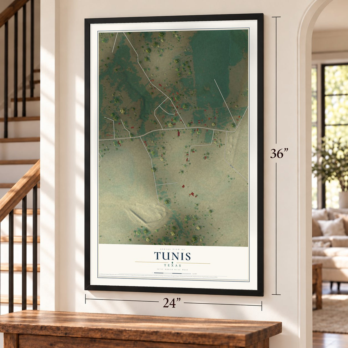 Tunis, Texas map, 24 x 36 inch print in a black frame by a staircase