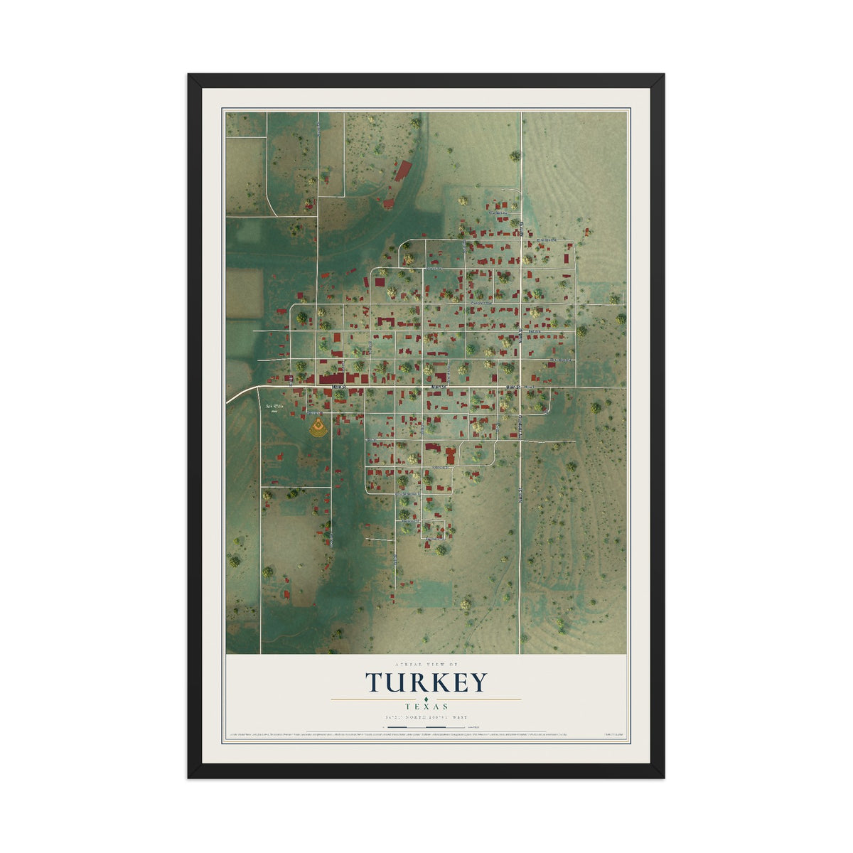 Map of Turkey, Texas, 12 x 18 inch print in a black wood frame