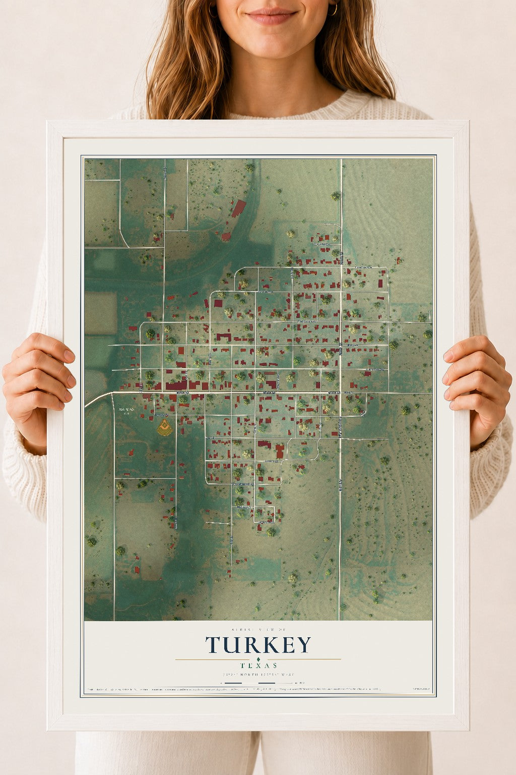 Map of Turkey, Texas, 18 x 24 inch print in a white wood frame
