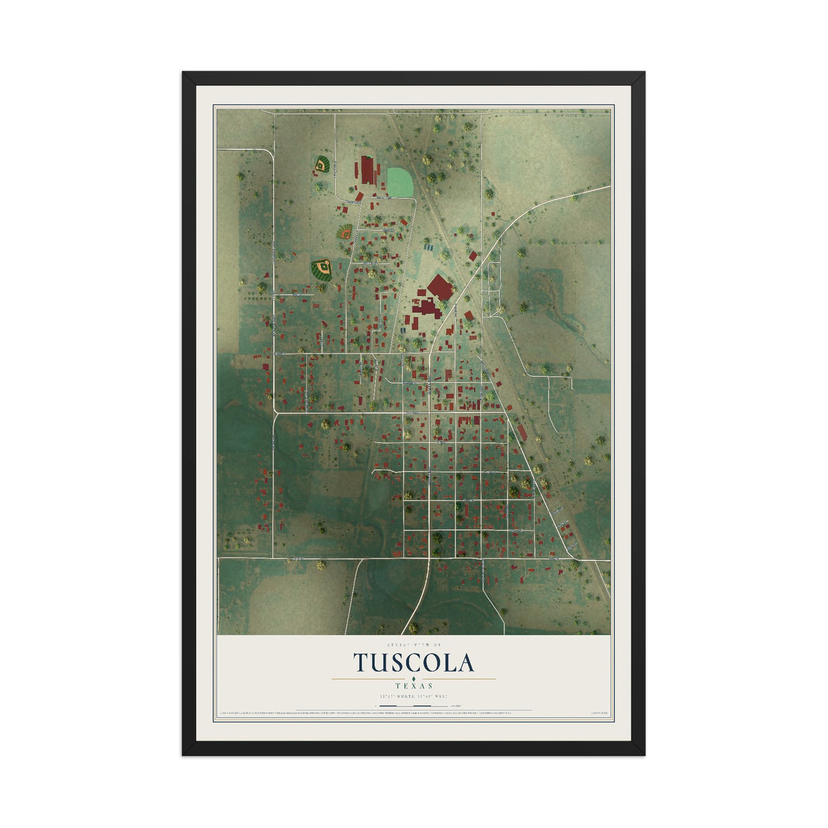Map of Tuscola, Texas, 12 x 18 inch print in a black wood frame