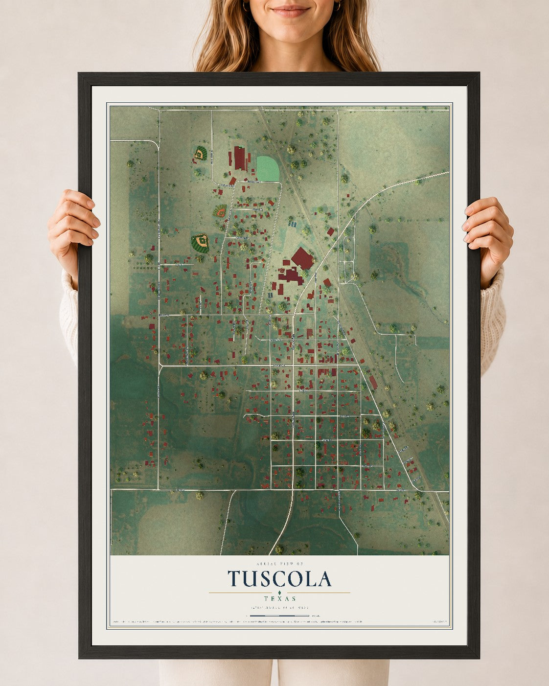 Map of Tuscola, Texas, 24 x 36 inch print in a black wood frame