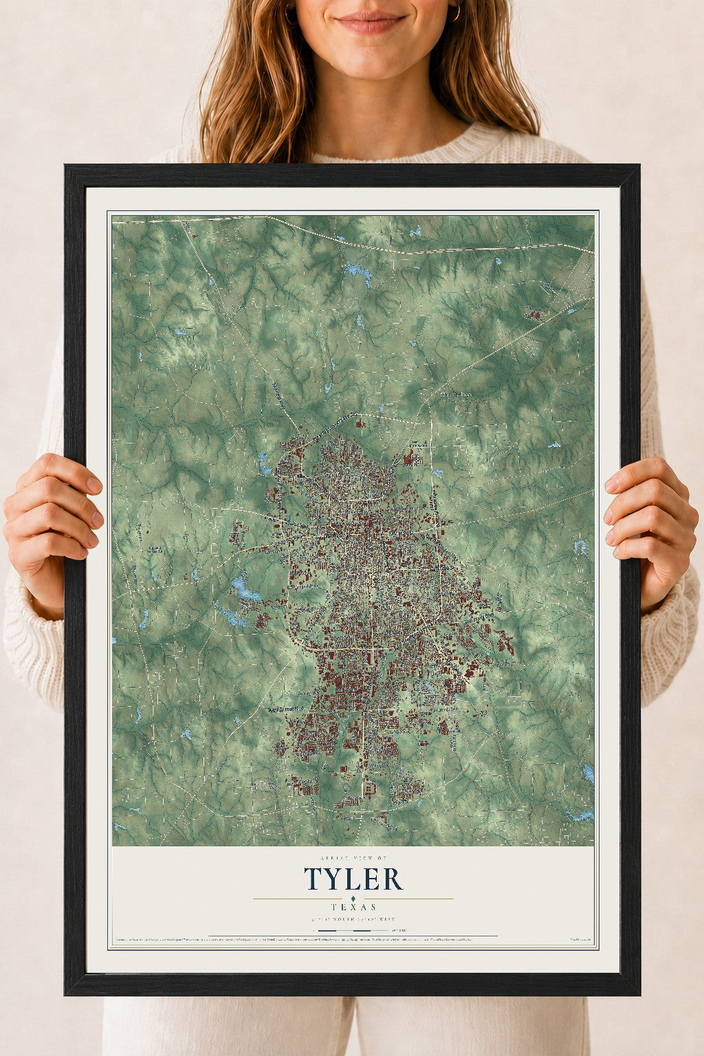 Map of Tyler, Texas, 18 x 24 inch print in a black wood frame