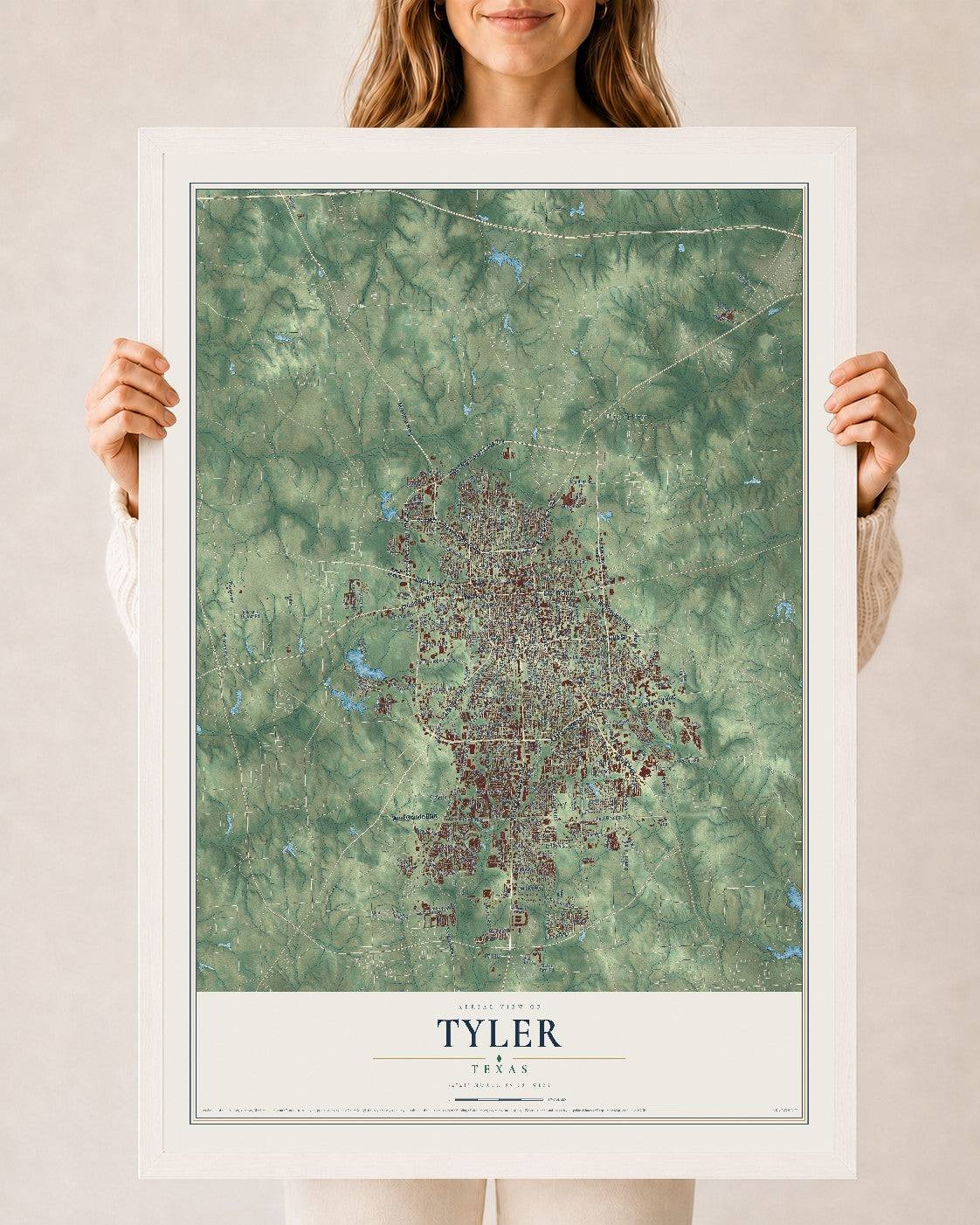 Map of Tyler, Texas, 24 x 36 inch print in a white wood frame