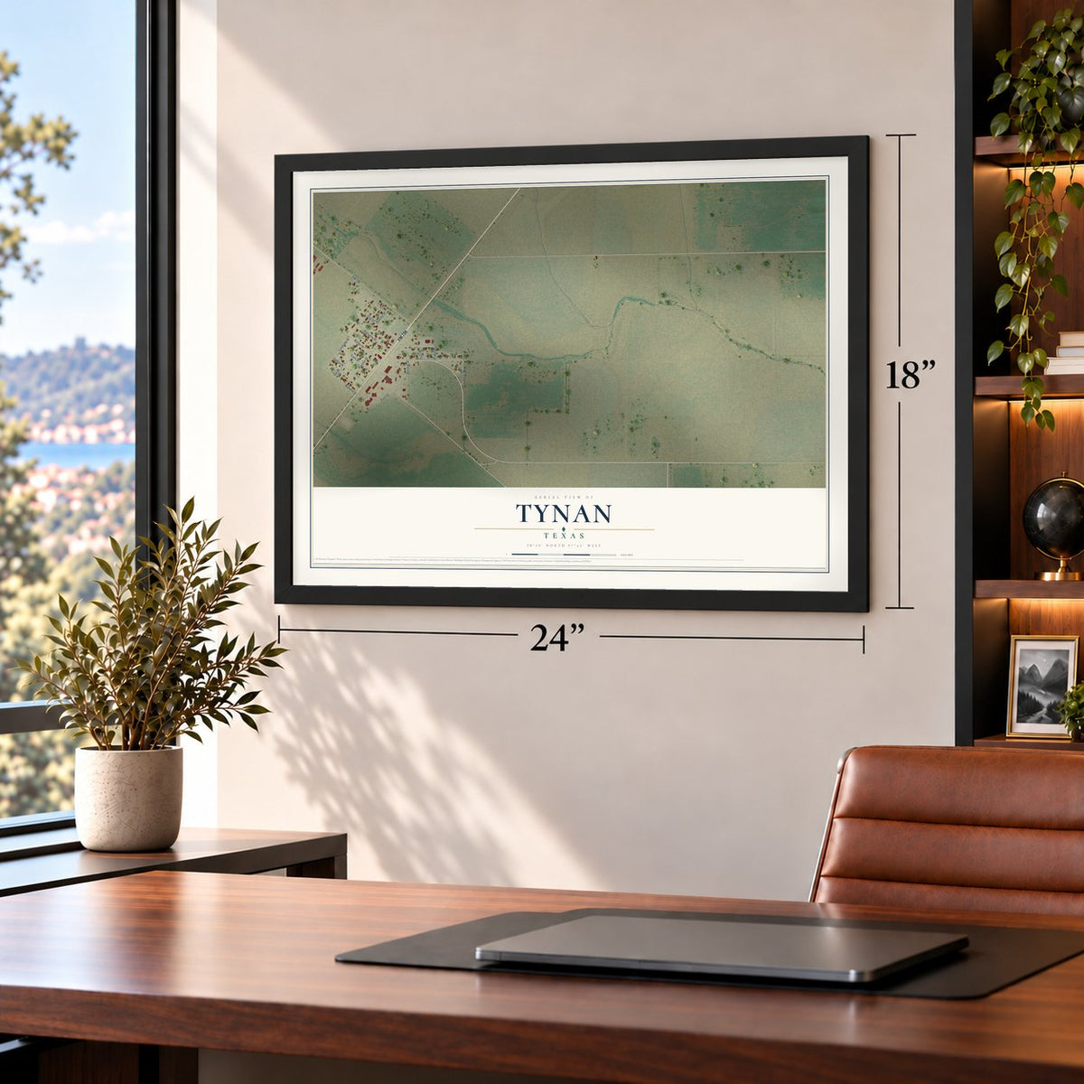 Tynan, Texas map, 18 x 24 inch print in a black frame in a home office
