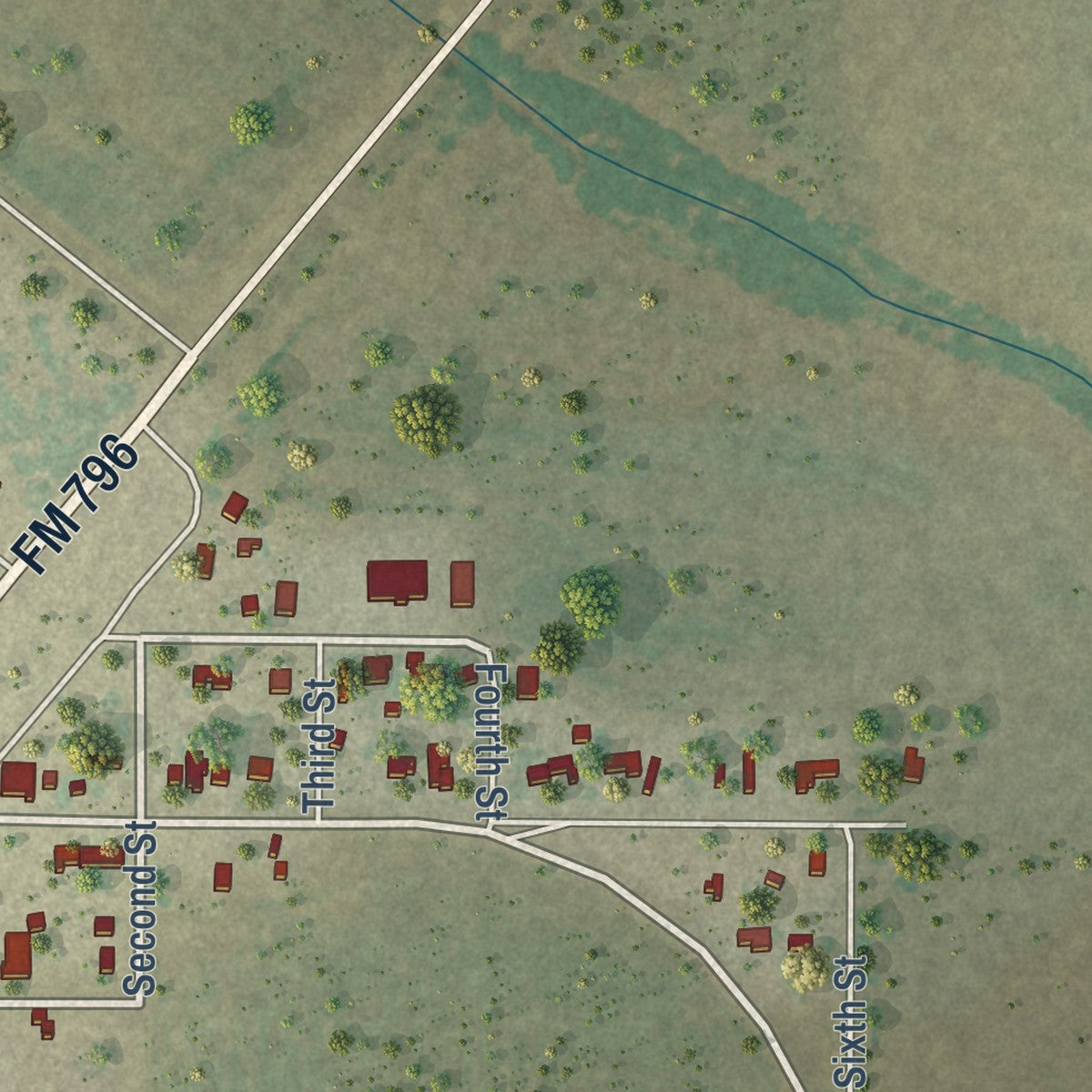 Close-up of the map of Tynan, Texas print showing street and building detail
