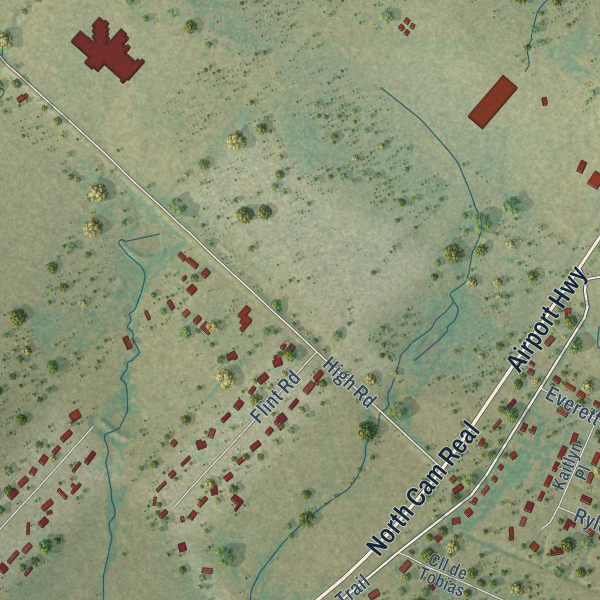 Close-up of the map of Uhland, Texas print showing street and building detail