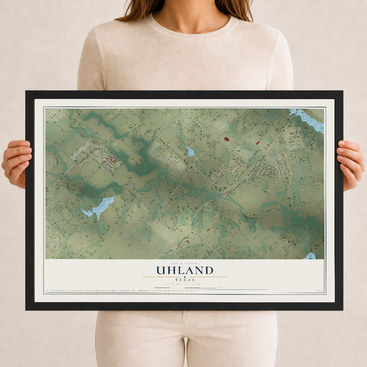 Map of Uhland, Texas, 12 x 18 inch print in a black wood frame