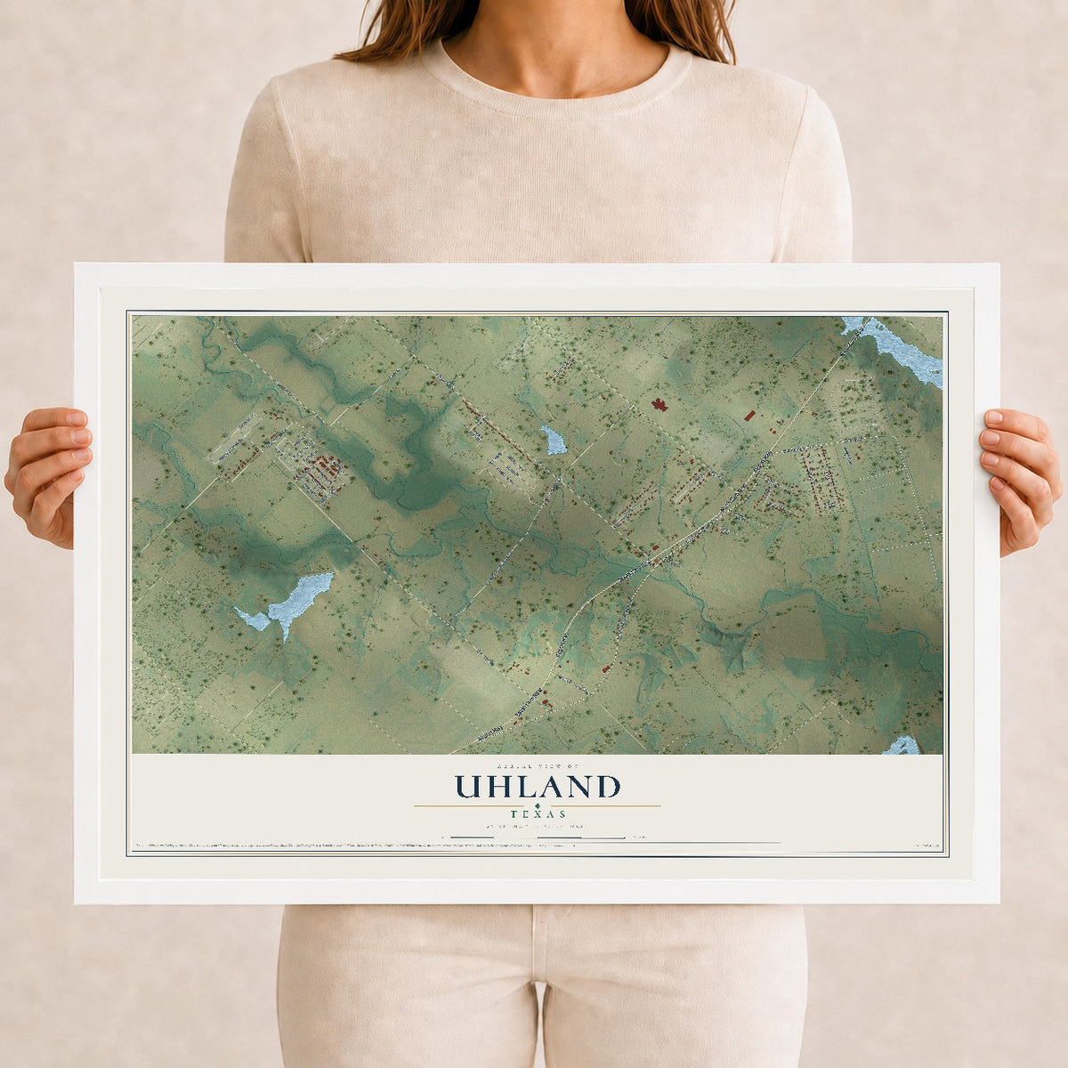Map of Uhland, Texas, 12 x 18 inch print in a white wood frame