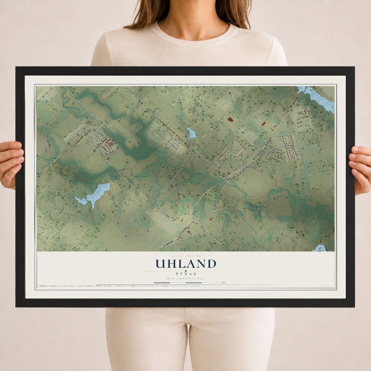 Map of Uhland, Texas, 18 x 24 inch print in a black wood frame