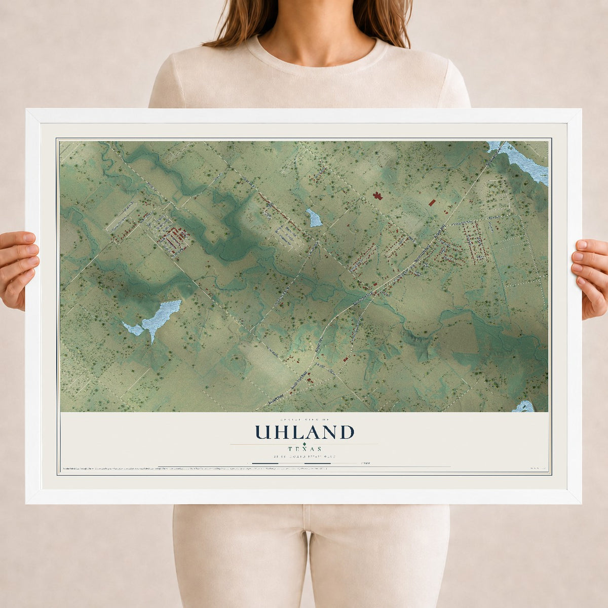 Map of Uhland, Texas, 18 x 24 inch print in a white wood frame
