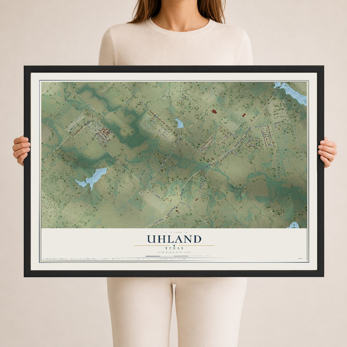 Map of Uhland, Texas, 24 x 36 inch print in a black wood frame