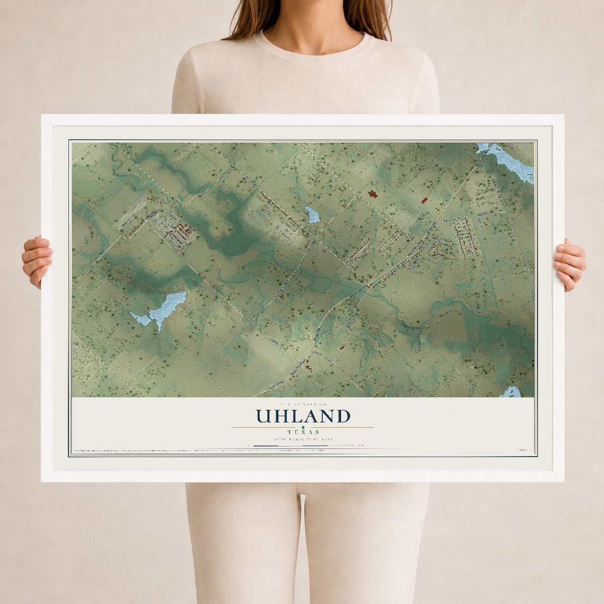 Map of Uhland, Texas, 24 x 36 inch print in a white wood frame
